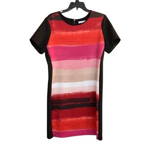 REED Dress Womens L Red Pink Abstract Print‎ Black Trim Career Casual